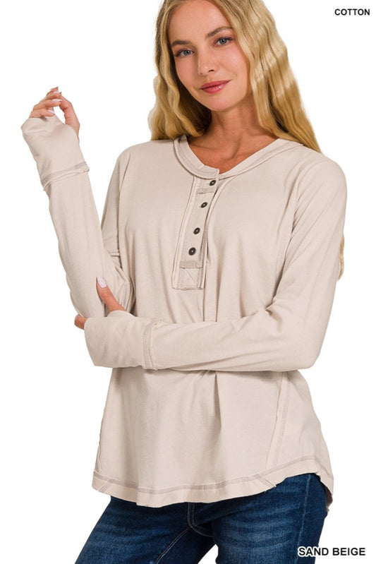 Button Closure Long Sleeve Top woth Thumb Holes