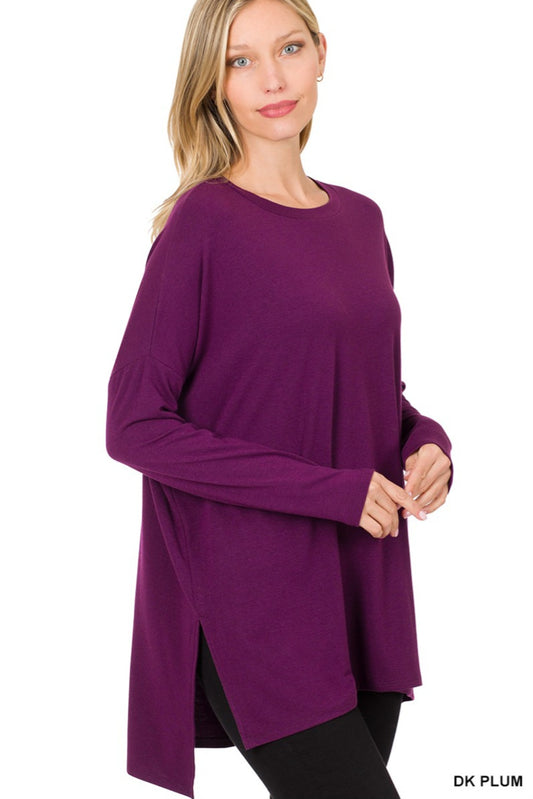 Dorman Sleeve Round Neck Side Slit Hi-Low Hem Top