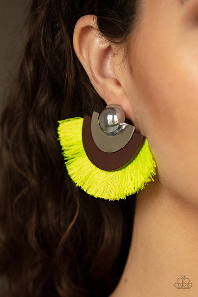 Fan The FLAMBOYANCE - Neon Yellow Fringe Earrings - Paparazzi Accessories