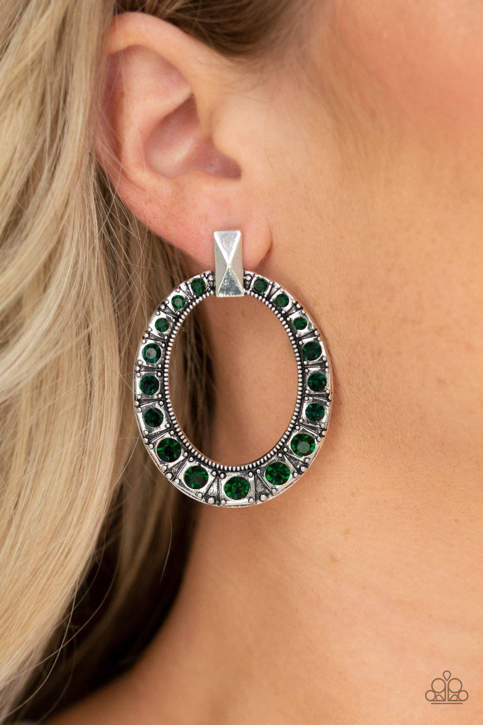 All For GLOW Green and Silver Post Earrings - Paparazzi Accessories