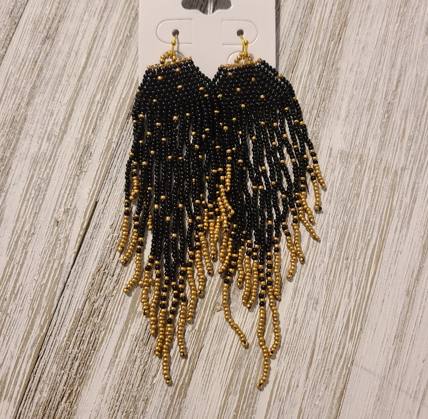 Black & Gold Beaded Fringe Earrings