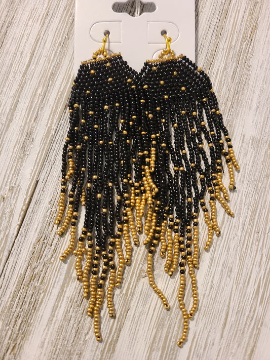 Black & Gold Beaded Fringe Earrings