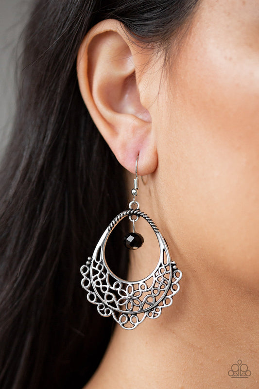 GARDEN SOCIETY - BLACK BEAD SILVER TEARDROP FLORAL FLOWRE FILIGREE HOOP EARRINGS