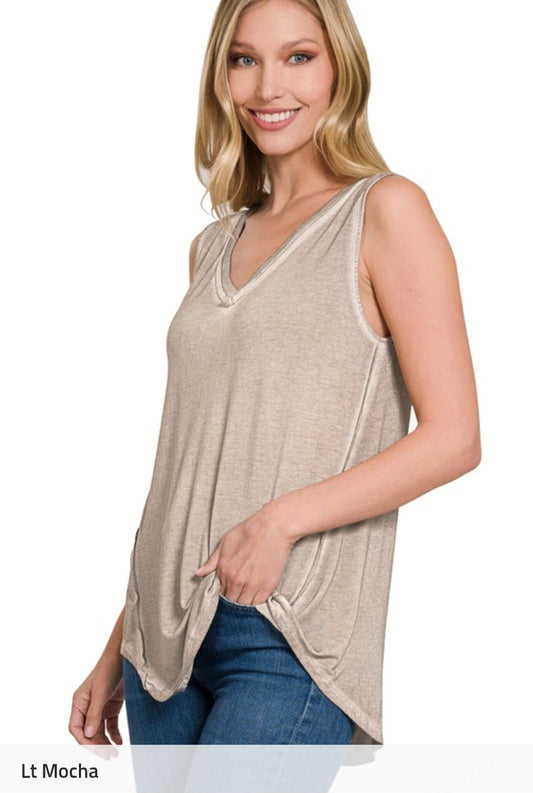 Mocha - Washed Sleeveless V-Neck Top with Hi-Low Hem