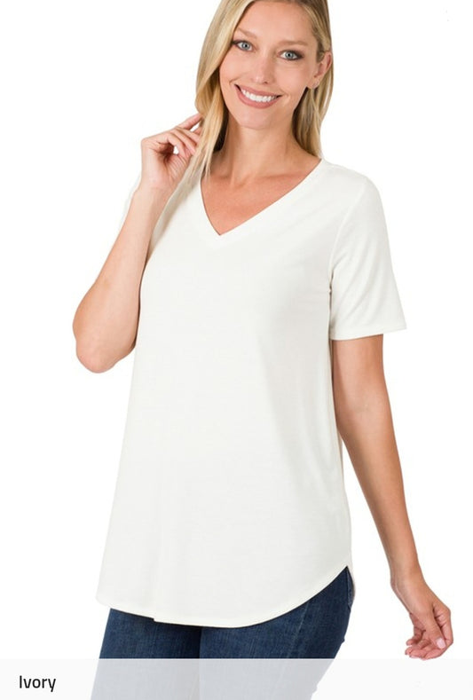 Short Sleeve V-Neck Round Hem Top