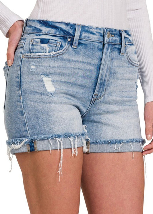 Distressed Denim Shorts - Light Wash