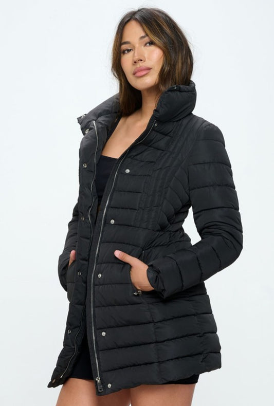 Quilted Moto Puffer Jacket in Black