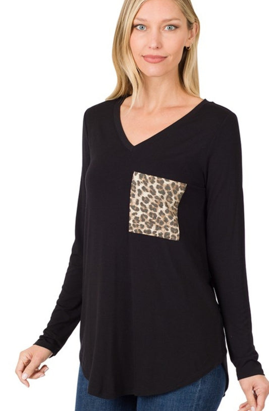 Long Sleeve V-neck Leopard Pocket Top